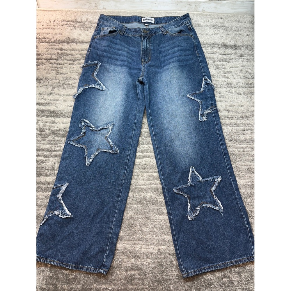 Disclosure Jeans Women 13/31 Blue Star Patch Distressed Wide Leg Denim Y2K Skate